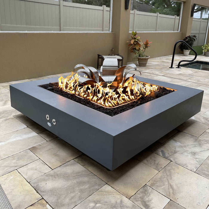 The Outdoor Plus Cabo 48" Natural Grey Flame Sense System Square Fire Pit With Push Button Spark Igniter, Propane - OPT-CBSQ48FSEN-NGY-LP