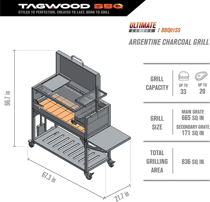 TAGWOOD BBQ Argentine Santa Maria Wood Fire & Charcoal Grill with Top Lid - BBQ01SS - Stono Outdoor Living Co