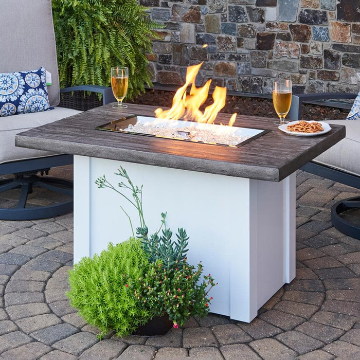Outdoor Greatroom Company Havenwood 44-Inch Rectangular Propane Gas Fire Pit Table with Driftwood Everblend Top and 24-Inch Crystal Fire Burner - White - HVDW-1224-K - Stono Outdoor Living Co