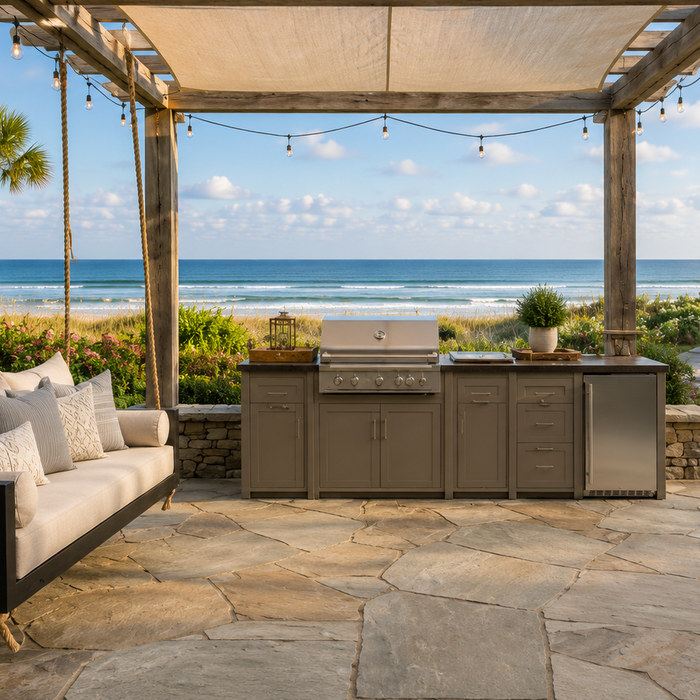 Stono Outdoor Living Coastal Kitchen setting and swing
