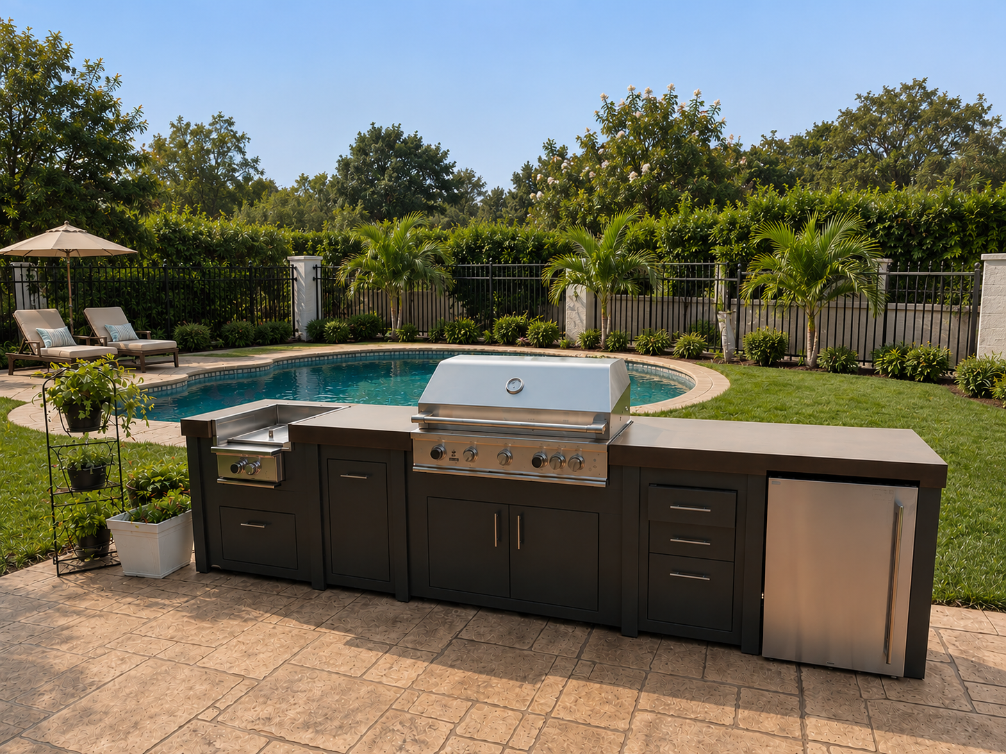 Stono Outdoor Living Engineered Outdoor Kitchen near saltwater pool