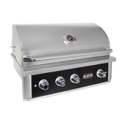 Stono Outdoor Living The Wildfire Ranch Pro 36-in 3 Burner Black 304 SS Natural Gas Grill (WFPRO36G-BSS-NG) by Wildfire Outdoor Living features a closed lid, three stainless steel burners, black front panel with control knobs, temperature gauge, and brand label.