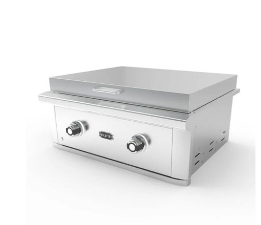 Stono Outdoor Living The Wildfire Outdoor Living Ranch Pro 30" Griddle (WFPRO30GRD-SS-LP) features stainless steel burners, two control knobs, and a flat cooking surface—perfect for any outdoor kitchen. “Wildfire” logo displayed on the front.