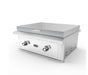 Stono Outdoor Living The Wildfire Outdoor Living Ranch Pro 30" Griddle (WFPRO30GRD-SS-LP) features stainless steel burners, two control knobs, and a flat cooking surface—perfect for any outdoor kitchen. “Wildfire” logo displayed on the front.
