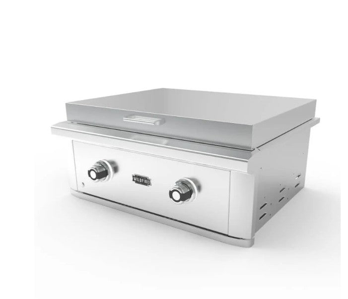 Stono Outdoor Living The Wildfire Outdoor Living Ranch Pro 30" Griddle 304 SS Propane (WFPRO30GRD-SS-LP) features stainless steel burners, two burner knobs, a flat cooking surface, and vented sides, shown on a white background.