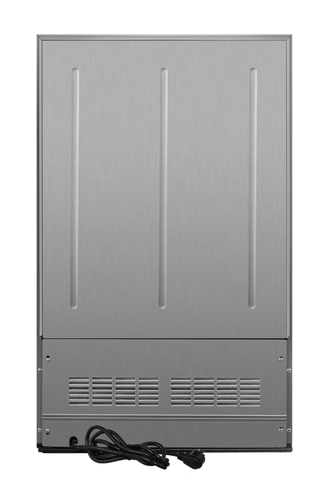 Stono Outdoor Living The image shows the back of the Blaze 20-Inch 4.3 Cu. Ft. Outdoor Rated Refrigerator w/ Lock (BLZ-SSRF20-4.3), a stainless steel Blaze appliance ideal for BBQ islands or outdoor use, with ventilation slots and a coiled black power cord visible.