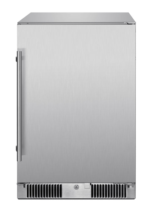 Stono Outdoor Living The Blaze 20-Inch 4.3 cu. ft. Outdoor Rated Refrigerator w/ Lock (BLZ-SSRF20-4.3) features a stainless steel design, flat front door, left vertical handle, and bottom vent—ideal for BBQ islands or outdoor kitchens.