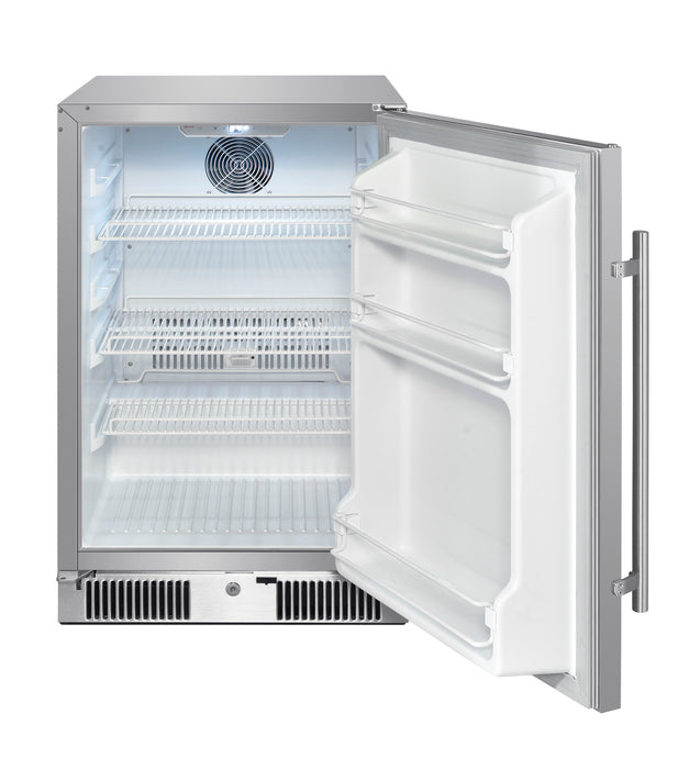 Stono Outdoor Living The Blaze 20-Inch 4.3 Cu. Ft. Outdoor Rated Refrigerator w/ Lock (BLZ-SSRF20-4.3) features three wire shelves, two door racks, and a bottom vent—ideal as an outdoor fridge for your BBQ island setup.