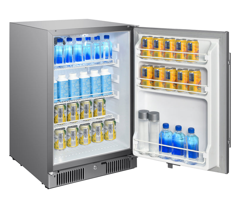 Stono Outdoor Living The Blaze 20-Inch 4.3 Cu. Ft. Outdoor Rated Refrigerator w/ Lock (BLZ-SSRF20-4.3) by Blaze, with a stainless steel finish, is open to show bottled water and canned drinks—ideal for BBQ islands or outdoor use.