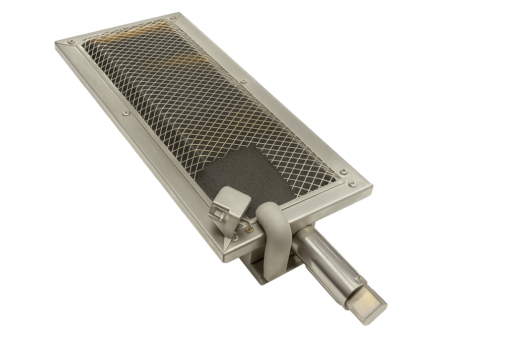 Stono Outdoor Living The Coyote Sear Burner (GEN 3) – C3SEARBURNER by Coyote features a rectangular metal mesh burner with a protective grate, metallic tube, and valve, and is designed for industrial or commercial heating applications.