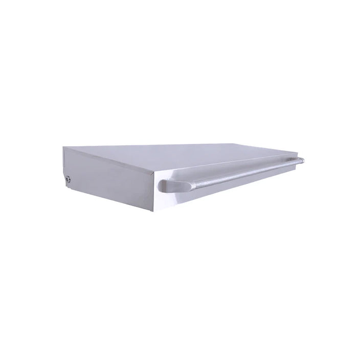 Stono Outdoor Living A wall-mounted stainless steel shelf with a front utensil bar and the Le Griddle OMLLID105 Lid for GFE105 + OML105/OML105C, shown against a white background.