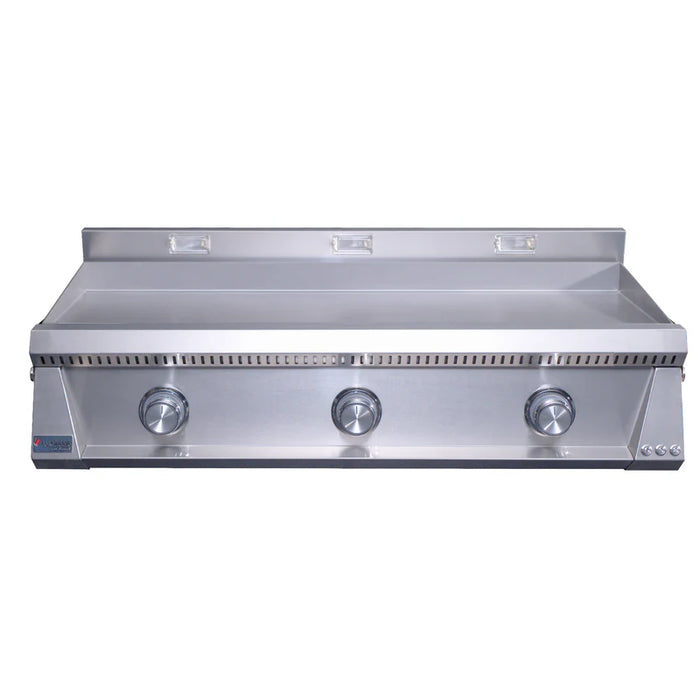 Stono Outdoor Living The Le Griddle Pro Series 105 (OML105P3) by Le Griddle features three burners, a 3mm flat cooking plate, interior lights, and raised back and side splashes—perfect for heavy-duty kitchen use.