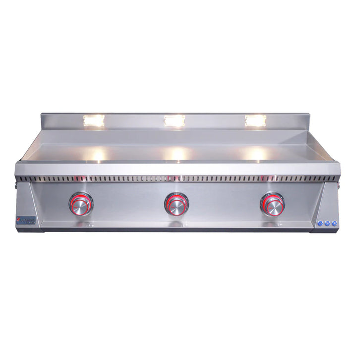 Stono Outdoor Living The Le Griddle Pro Series 105 by Le Griddle is a modern outdoor grill featuring three burners, a 3mm stainless steel plate, and interior lights—perfect for professional outdoor kitchens or commercial griddle setups. Model: OML105P3, natural gas.