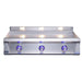 Stono Outdoor Living The Le Griddle Pro Series 105 by Le Griddle is a 3-burner natural gas outdoor griddle with a 3mm 304 stainless steel plate, three blue-lit control knobs, and built-in interior lights above the cooking surface. Model: OML105P3.