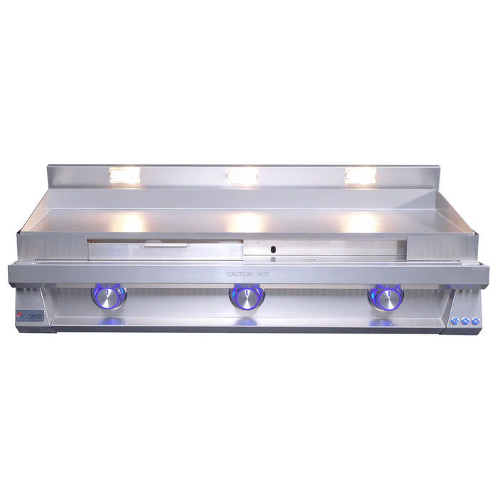 Stono Outdoor Living The Le Griddle Pro Series 105 by Le Griddle is a 3-burner natural gas grill with a 3mm plate and built-in interior lights. It features blue-lit control knobs, a raised back panel, and a modern, sleek stainless steel design for premium outdoor grilling.