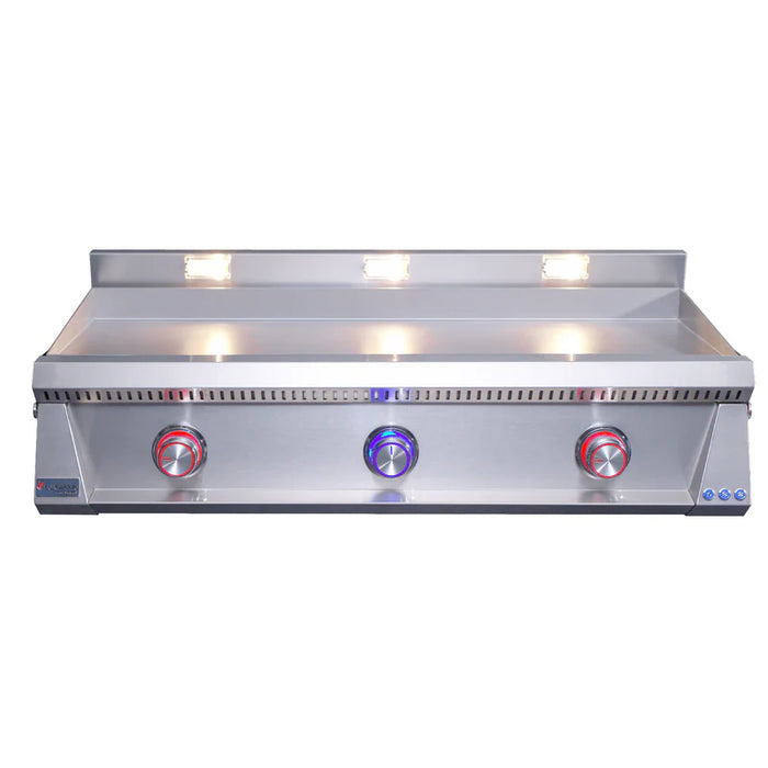 Stono Outdoor Living The Le Griddle Pro Series 105 by Le Griddle features three glowing control knobs, interior and overhead lights, and a sturdy 3mm stainless steel plate, making it the perfect commercial-grade outdoor gas griddle for backyard chefs.