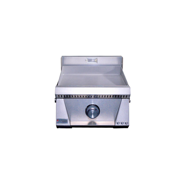 Stono Outdoor Living The Le Griddle Pro Series 40 (OML40P3) by Le Griddle is a stainless steel commercial gas griddle with one burner, 3mm plate, interior lights, control knob, backsplash, and front-facing vent shown from the front against a white background.