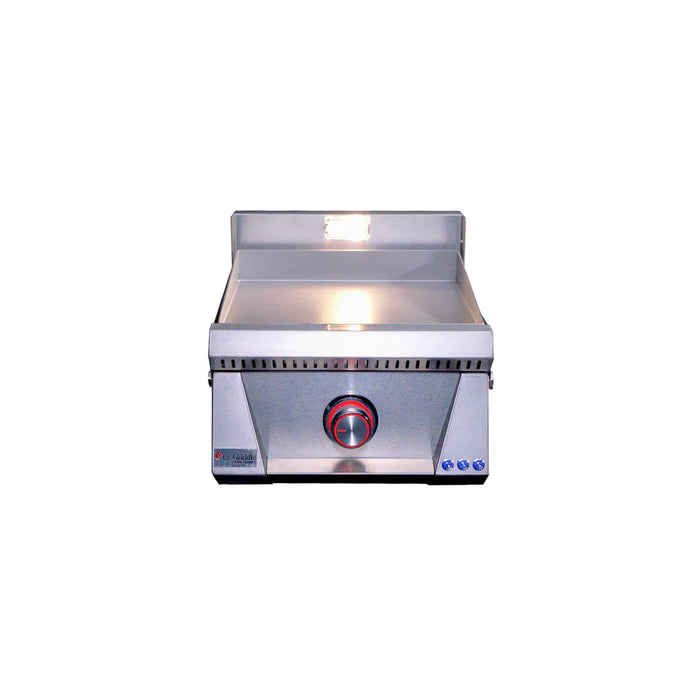 Stono Outdoor Living Front view of the Le Griddle Pro Series 40 - 1 Burner Natural Gas Griddle by Le Griddle (OML40P3), featuring a stainless steel build, splash guard, flat 3mm cooking surface, red temp control knob, and interior lights.