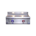 Stono Outdoor Living The Le Griddle Pro Series 75 - 2 Burner Natural Gas griddle (OML75P3) by Le Griddle features a sleek stainless steel design, a flat 3mm cooking plate, blue and red control knobs, and built-in interior lights for easy outdoor grilling.