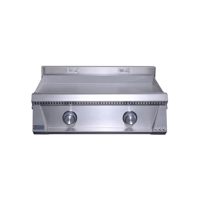 Stono Outdoor Living Front view of the Le Griddle Pro Series 75 (OML75P3), a sleek stainless steel 2-burner natural gas griddle with a 3mm plate, interior lights, two control knobs, flat cooking surface, and raised back panel—ideal for stylish outdoor grilling.
