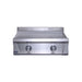 Stono Outdoor Living Front view of the Le Griddle Pro Series 75 (OML75P3), a sleek stainless steel 2-burner natural gas griddle with a 3mm plate, interior lights, two control knobs, flat cooking surface, and raised back panel—ideal for stylish outdoor grilling.