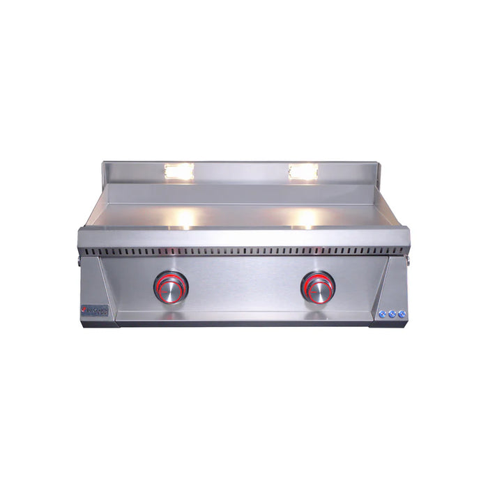 Stono Outdoor Living The Le Griddle Pro Series 75 (OML75P3) is a stainless steel commercial gas griddle with two red knobs, a 3mm flat plate, upper backsplash, and interior lights—ideal for outdoor use. Shown on a white background.