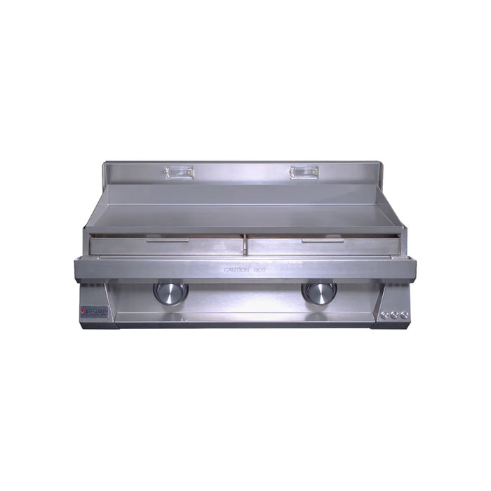 Stono Outdoor Living The Le Griddle Pro Series 75 (OML75P3) is a stainless steel commercial flat top griddle with two burners, a 3mm plate, interior lights, and backsplash—perfect for heavy-duty kitchen use.
