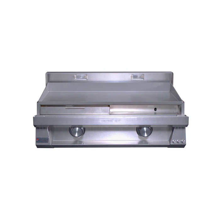 Stono Outdoor Living Front view of the Le Griddle Pro Series 75 (OML75P3), a stainless steel 2-burner natural gas griddle with 3mm plate, interior lights, two control knobs, flat surface, and raised back and side splash guards for pro kitchens.