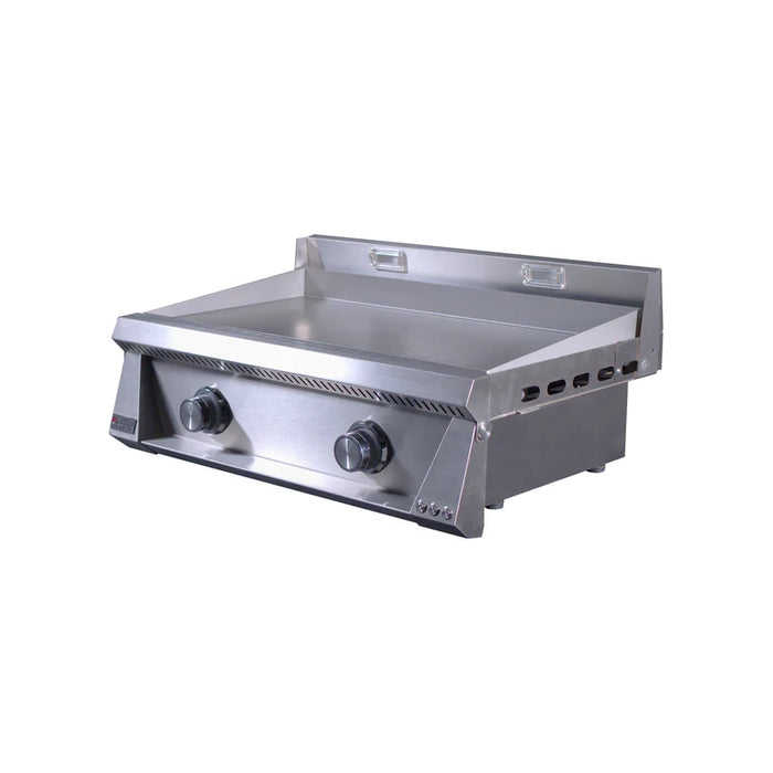 Stono Outdoor Living The Le Griddle Pro Series 75 (OML75P3) is a commercial stainless steel griddle with two burners, a 3mm flat cooking plate, interior lights, and raised sides and back for splash protection, shown on a plain white background.