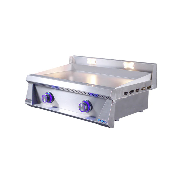 Stono Outdoor Living The Le Griddle Pro Series 75 (OML75P3) is a stainless steel 2-burner natural gas flat-top grill with a 3mm plate, interior lights, two control knobs, side ventilation, and an illuminated backsplash, shown against a white background.