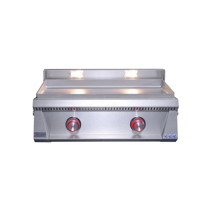 Stono Outdoor Living Front view of the Le Griddle Pro Series 75 - 2 Burner Natural Gas (OML75P6), featuring a stainless steel griddle, two red control knobs, raised backsplash, 6mm plate, and built-in interior LED lights above the cooking surface.