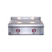 Stono Outdoor Living Front view of the Le Griddle Pro Series 75 - 2 Burner Natural Gas (OML75P6), featuring a stainless steel griddle, two red control knobs, raised backsplash, 6mm plate, and built-in interior LED lights above the cooking surface.