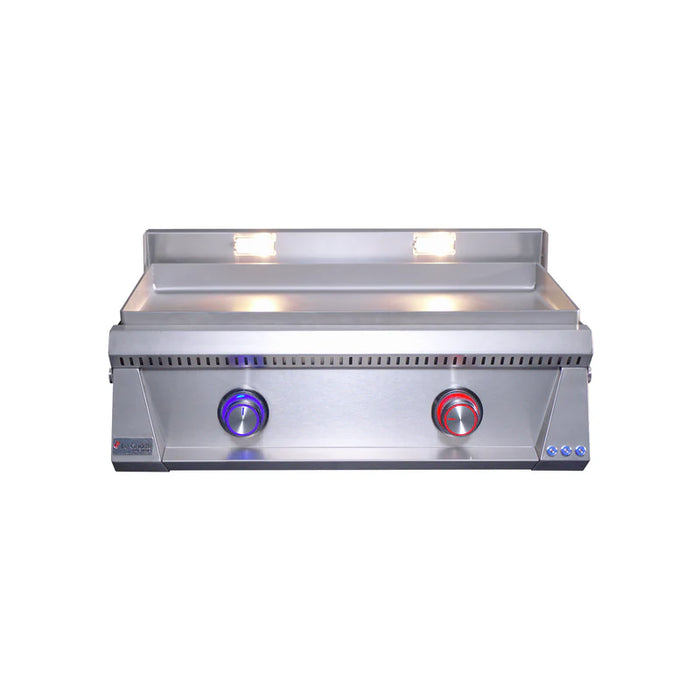 Stono Outdoor Living The Le Griddle Pro Series 75 - 2 Burner Natural Gas Grill (OML75P6) features a 6mm flat stainless steel plate, built-in interior lights, raised back and side panels, two color-coded knobs, and a modern design inspired by the Pro Series 75.