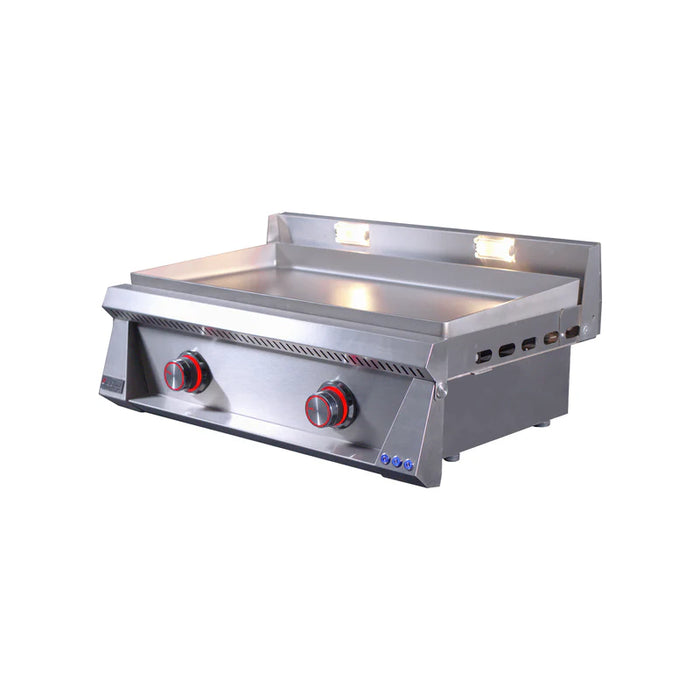 Stono Outdoor Living The Le Griddle Pro Series 75 - 2 Burner Natural Gas (OML75P6) features a 6mm stainless steel plate, interior lights, red control knobs, raised backsplash, and side vent slots for efficient countertop cooking.