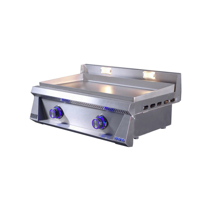 Stono Outdoor Living The Le Griddle Pro Series 75 (OML75P6) features a 2-burner natural gas design, 6mm plate, interior lights, and a stainless steel countertop—ideal for versatile indoor or outdoor commercial cooking.