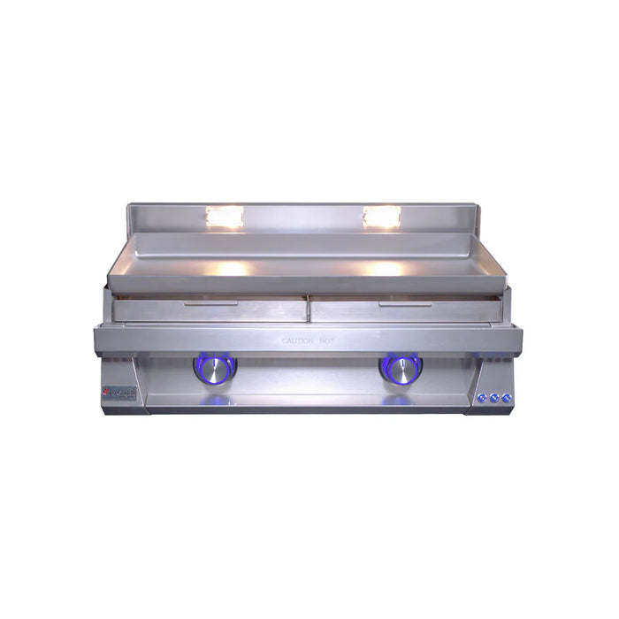 Stono Outdoor Living The Le Griddle Pro Series 75 - 2 Burner Natural Gas griddle (OML75P6) features a 6mm stainless steel plate, interior lights, two blue-lit knobs, and a backsplash for efficient cooking in any commercial kitchen.