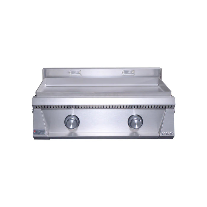 Stono Outdoor Living The Le Griddle Pro Series 75 (OML75P6) is a stainless steel outdoor griddle with two burners, interior lights, a 6mm flat plate, control knobs, and backsplash, shown on a white background.