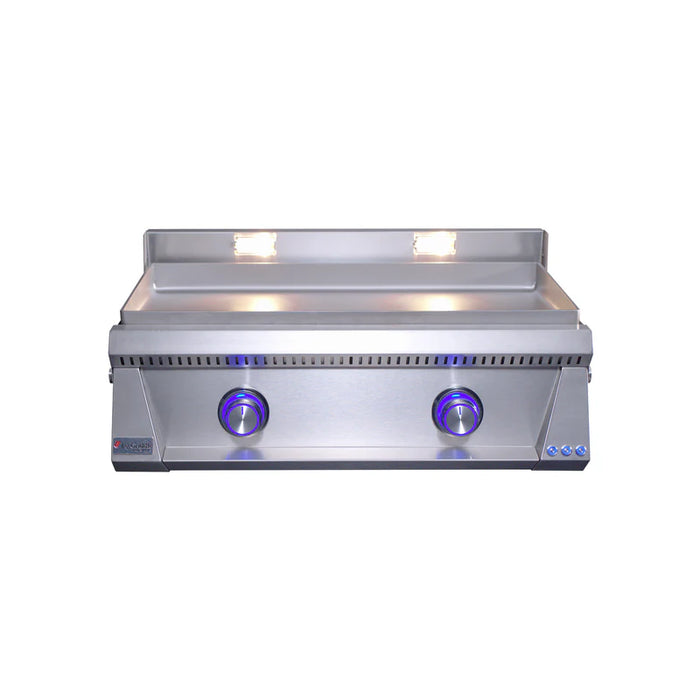 Stono Outdoor Living The Le Griddle Pro Series 75 - 2 Burner Natural Gas (OML75P6) features a 6mm stainless steel plate, two blue-lit control knobs, built-in cooking surface lights, and a sleek modern design, shown here against a white background.