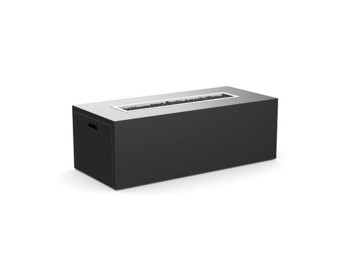 Stono Outdoor Living The Milan Linear by Stono Outdoor Living is a rectangular, modern black fire pit with clean lines and a recessed burner area filled with decorative stones, set against a plain white background.