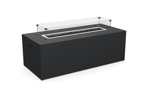 Stono Outdoor Living The Milan Linear by Stono Outdoor Living is a rectangular black fire pit table featuring a glass wind guard and black stones in the burner area, shown against a plain white background.