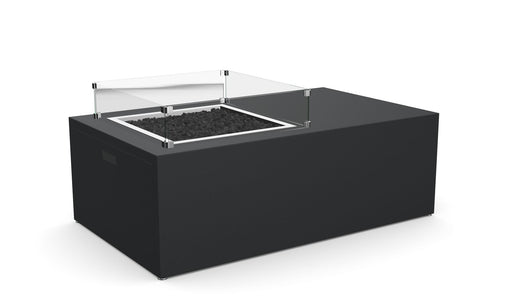 Stono Outdoor Living The Stono Outdoor Living Milan Offset is a modern black rectangular fire pit table featuring a glass wind guard around black stones at its center, displayed against a white background.
