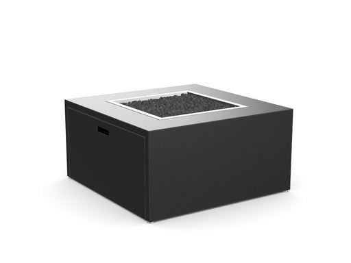 Stono Outdoor Living The Milan Square by Stono Outdoor Living is a modern, black fire pit table with a recessed stone-filled center and built-in handle, shown against a white background.