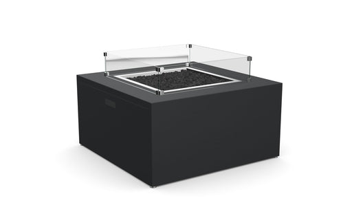 Stono Outdoor Living The Stono Outdoor Living Milan Square is a modern black square fire pit with a glass wind guard and black stones, shown on a white background.